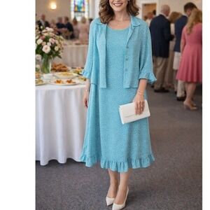 Appleseed's Blue Polka Dot Dress Jacket Set 14P Church Wedding Mother of Bride